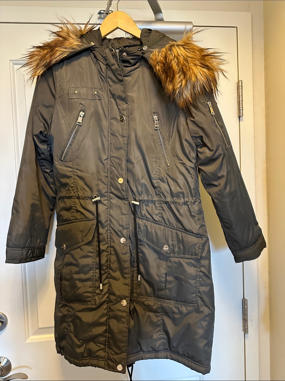 bebe Dark Olive Hooded Puffer Coat with Faux-Fur Trim
